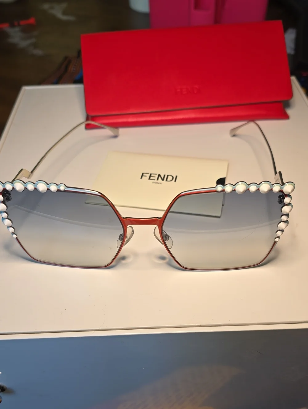 Fendi Red Frame Sunglasses with Pearl Accent